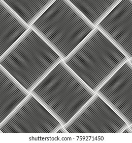 Seamless checkered diagonal pattern with grunge striped intersecting square elements. Monochrome geometric vectorial pattern. The effect of optical illusion.