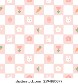 Seamless checkered easter pattern with bunny, egg, carrot,flower vector print. 