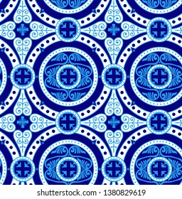 Seamless Checkered Fashion Pattern in Majolica Style for Textile Design. Mediterranean Tile Vector Background: Deep Blue Colors on White. Vintage backgrounds, classic ornament.