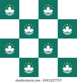 Inconsútil a cuadros verde, logotipo blanco y estrella amarilla Macao patrón inconsútil