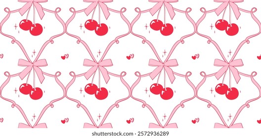 Seamless checkered hand drawn pattern with red cherries tied in pink bows, small hearts, sparkles, and ribbons. Coquette vintage aesthetic wallpaper, stylish romantic background for print, fabric.