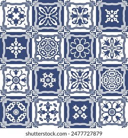 Seamless checkered patchwork pattern of blue tiles with geometrical and floral ornaments in Dutch ceramic style