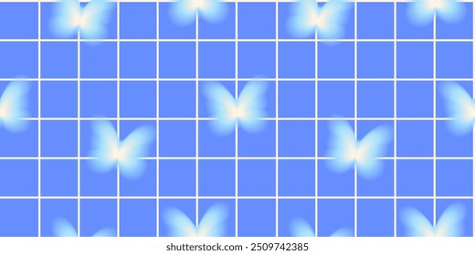 Padrão xadrez contínuo com borboletas borradas de aura no fundo azul. Ilustração de gradiente y2k brilhante para têxtil, papel, tecido, fundo, papel de parede, design de impressão. Vetor