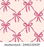 Сute seamless checkered pattern with bows. Composition with vintage bows and handmade ribbons. Pink ribbon on a light background. Vector print.