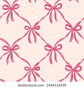 Сute seamless checkered pattern with bows. Composition with vintage bows and handmade ribbons. Pink ribbon on a light background. Vector print.