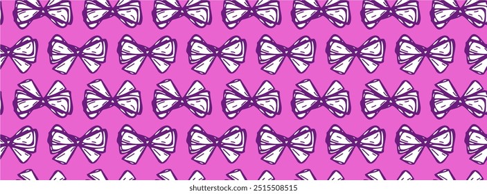 Сute seamless checkered pattern with bows. Composition with vintage bows and handmade ribbons. Pink ribbon on a light background. Vector print.