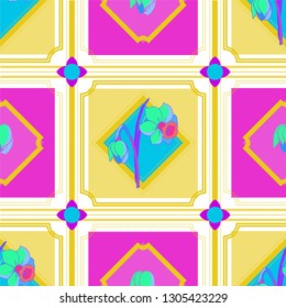 Seamless checkered pattern of bright neon hues with narcissus flowers. Modern background for your design in rich colors with floral elements.