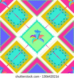 Seamless checkered pattern of bright neon hues with narcissus flowers. Modern background for your design in rich colors with floral elements.