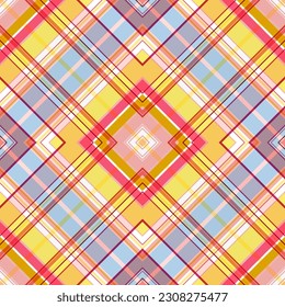 Seamless checkered pattern of bright rhombuses and squares. Thin and wide stripes, diagonal print in pastel colors with dark lines. A beautiful and stylish decoration for the design of any interior.