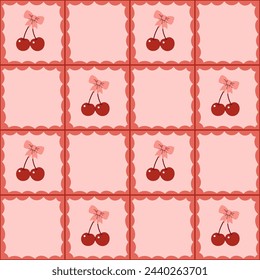 Seamless checkered pattern with cherries with bows. Vector graphics.