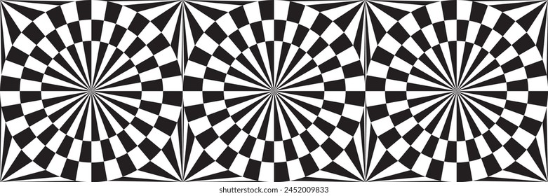 Seamless checkered pattern: circle and lines radiating from the center. Monochrome Optical Illusion. Vector illustration. 
