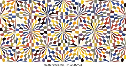 Seamless checkered pattern: circle and lines radiating from the center. Multicolored Optical Illusion. Vector illustration. 