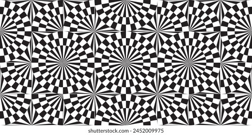 Seamless checkered pattern: circle and lines radiating from the center. Monochrome Optical Illusion. Vector illustration.  - Powered by Shutterstock - Get 15% off with code: PIKWIZARD15