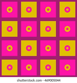 Seamless checkered pattern with circles in purple, pink and yellow. Festival vivid color seamless background. Great for cover design, wrapping paper, home textile, apparel, fabric pattern. Vector.