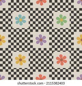 seamless checkered pattern and colored flowers