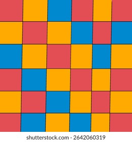 Seamless checkered pattern. Consists of 3 colors red, orange and blue. Attractive poster. Trendy background for designs and cards, posters, covers, packages, wrapping paper.