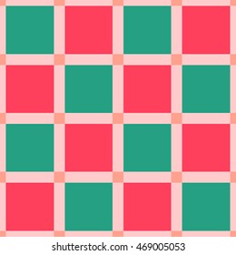 Seamless checkered pattern in coral, green, and red. Festival seamless background. Mosaic seamless pattern. Great for cover design, wrapping paper, home textile, apparel, fabric print. Vector