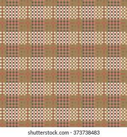 Seamless checkered pattern in country style. Criss-crossed horizontal and vertical bands in multiple colors form plaid ornament. Numerous interwoven strips. Vector illustration