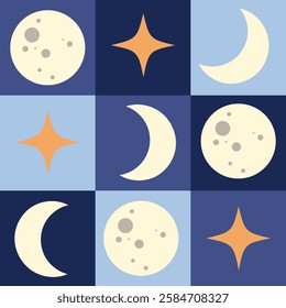 Seamless checkered pattern with crescent and full moons in patchwork style. Editable pattern. Hand drawn vector illustration.