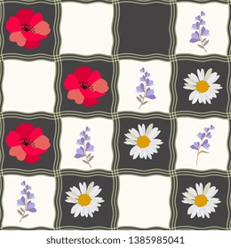 Seamless checkered pattern with daisy, poppy and bell flowers. Patchwork style. Print for fabric, ceramic tile.