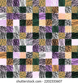 Seamless checkered pattern with different lines imitating fur.  Pattern for printing on fabric for homemade dough.