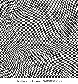 Seamless checkered pattern. Distorted optical illusion banner. Op art checkered curved pattern.