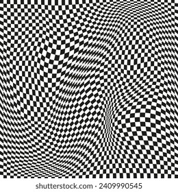 Seamless checkered pattern. Distorted optical illusion banner. Op art checkered curved pattern.