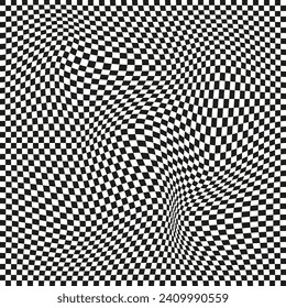 Seamless checkered pattern. Distorted optical illusion banner. Op art checkered curved pattern.
