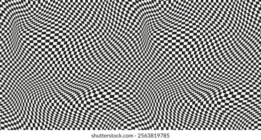 Seamless checkered pattern. Distorted optical illusion banner. Op art checkered curved pattern.