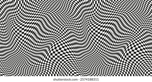 Seamless checkered pattern. Distorted optical illusion banner. Op art checkered curved pattern.