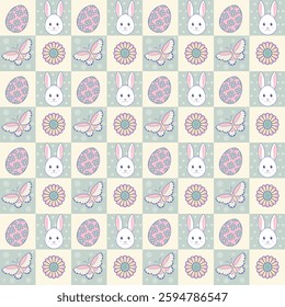 Seamless checkered pattern with Easter egg, bunny, butterfly, and flower. Vintage cute spring wallpaper. Pastel green and yellow background.	 SstkEaster.