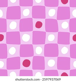 Seamless checkered pattern. Endless check background design, irregular geometric checkers, dot and circles in uneven squares. Modern abstract repeating print, texture. Flat vector illustration