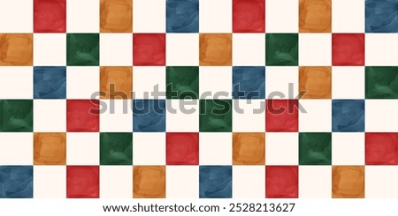 Seamless checkered pattern featuring watercolor-style squares in warm, earthy tones of red, blue, green, and yellow. Ideal for textile design, wallpaper, wrapping paper, and interior decor projects. 