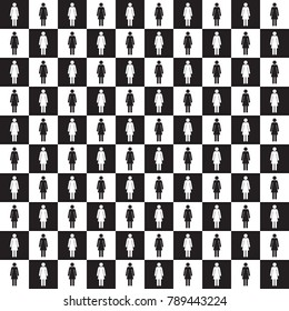 Seamless checkered pattern with female silhouette. Black an white. Vector illustration.