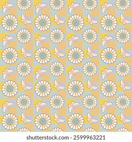 Seamless checkered pattern with flower and butterfly. Colorful abstract background with yellow, green, and pink.