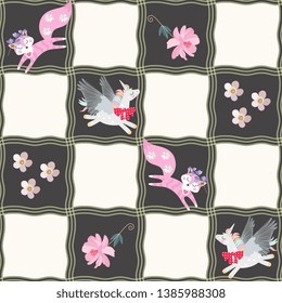 Seamless checkered pattern with funny winged unicorns, pink little foxes and small flowers. Patchwork style. Print for fabric, blanket for baby.
