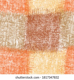Seamless checkered pattern with grunge striped weave square elements in brown, orange, beige colors