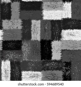 Seamless checkered  pattern with grunge striped rectangular elements in black and white design