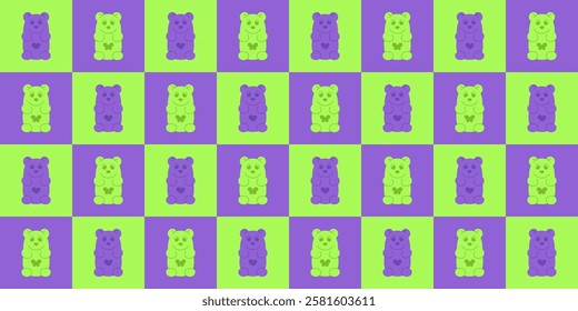 Seamless checkered pattern with gummy bear in neon green and purple color. Teddy character background for fabric, textile, wrapping paper, cover, backdrop, wallpaper. 