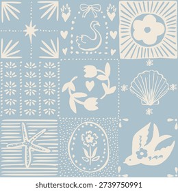 Seamless checkered pattern with Hand drawn ink vector floral, birds and seashell doodles. Square tiles vector illustration. Trendy aesthetic geometric  monochrome background. Boho, cottage core wallpaper.