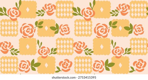 Seamless checkered pattern with Hand drawn ink vector flower and diamonds. Square tiles vector illustration. Trendy aesthetic colourful background. Boho, cottage core yellow and red wallpaper.