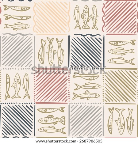 Seamless checkered pattern with Hand drawn ink vector sketch fishes. Element for poster, social media, banners, invitation, textile design. Trendy abstract sardine background.