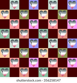 Seamless checkered pattern with hearts for Valentine's Day. Vector illustration. 