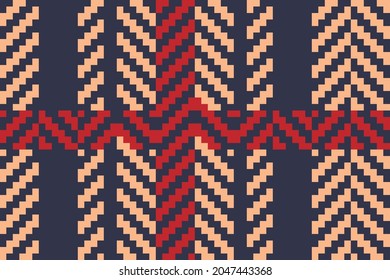 Seamless checkered pattern. Herringbone tartan in dark blue, red, beige. Tweed textile print in modern fashion.