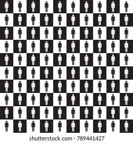 Seamless checkered pattern with human silhouette. Black an white. Vector illustration.