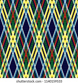 Seamless checkered pattern with interweaving of bright red, yellow, green and white lines on the dark blue background, vector as a fabric texture