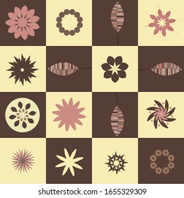 Seamless checkered pattern with leaves and flowers.