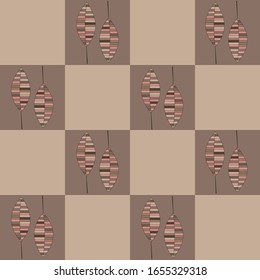 Seamless checkered pattern with leaves and flowers.