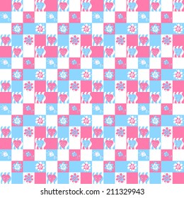Seamless checkered pattern with leaves and flowers. Colors for babies.