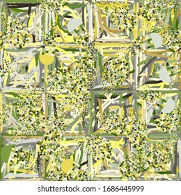 Seamless checkered pattern made with a rough brush. Chaos of spring colors. Contains symbolic comets.